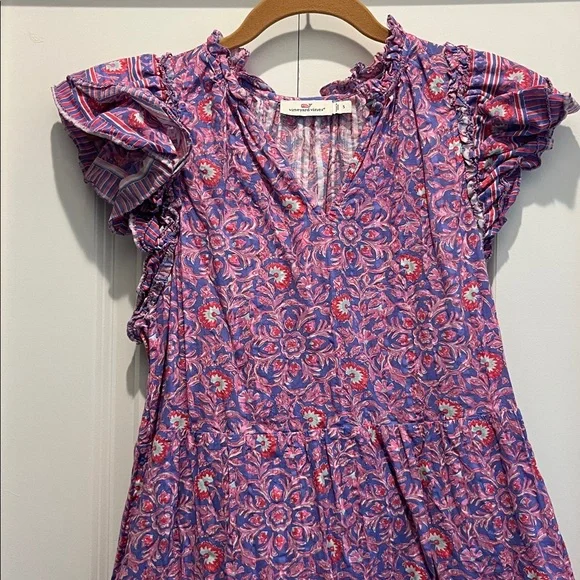 Vineyard Vines Katama Print Ruffle Dress size small purple and pink - Picture 2 of 4